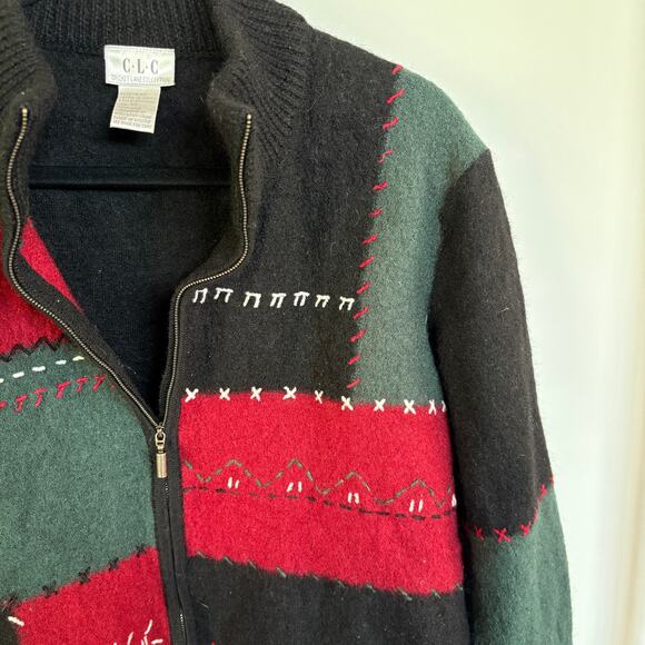 Vtg 90's Wool Patchwork Jacket Boxy Zip Up Grandma Sweater Black Embroidered XL - Picture 6 of 8